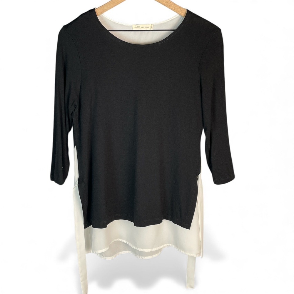 Pebble and Stone Black White‎ Chiffon Trim Tunic Top Womens Size Small